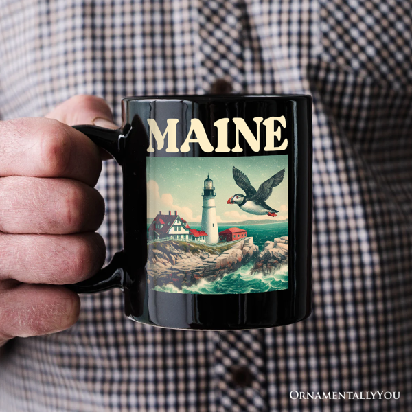 Vintage Maine State Lighthouse and Puffin Personalized Mug, New England Coastal Gift and Seaside Souvenir with Custom Name Vintage Maine State Lighthouse and Puffin Personalized Mug, New England Coastal Gift and Seaside Souvenir with Custom Name