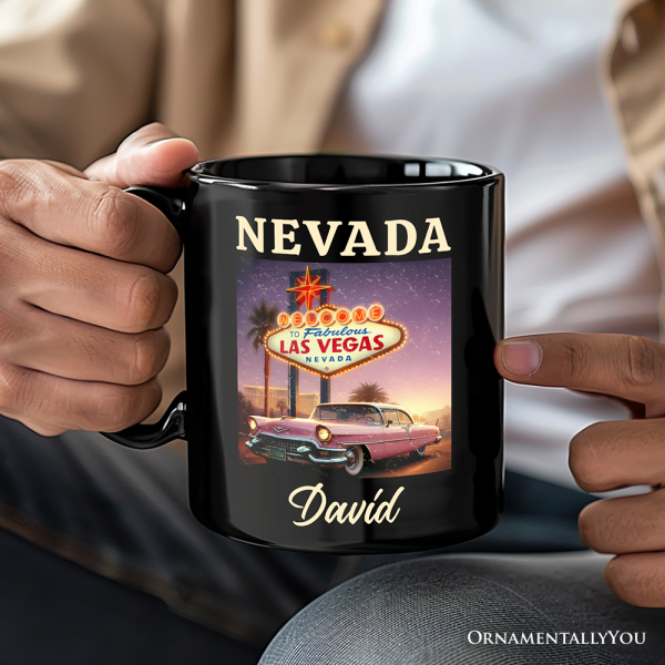 Vintage Nevada State Las Vegas Sign Personalized Mug, Retro Pink Cadillac Gift and Desert City Souvenir with Custom Name Vintage Nevada State Las Vegas Sign Personalized Mug, Retro Pink Cadillac Gift and Desert City Souvenir with Custom Name