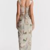 Vintage Printed Draped Corset Top Split Two Piece Maxi Dress - Floral