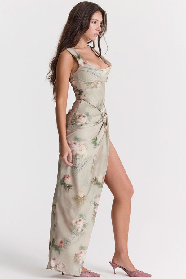 Vintage Printed Draped Corset Top Split Two Piece Maxi Dress - Floral