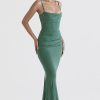 Vintage Square Neck Ruched Corset Fishtail Evening Maxi Dress - Green Vintage Square Neck Ruched Corset Fishtail Evening Maxi Dress - Green