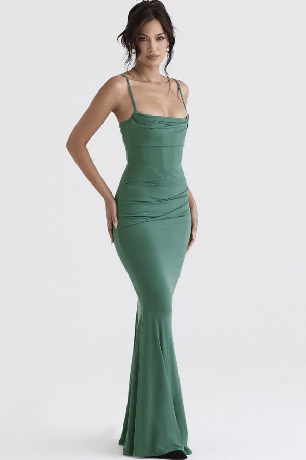 Vintage Square Neck Ruched Corset Fishtail Evening Maxi Dress - Green Vintage Square Neck Ruched Corset Fishtail Evening Maxi Dress - Green