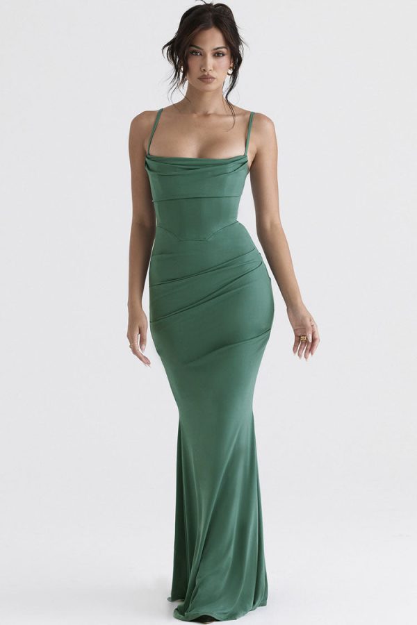 Vintage Square Neck Ruched Corset Fishtail Evening Maxi Dress - Green Vintage Square Neck Ruched Corset Fishtail Evening Maxi Dress - Green