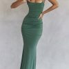 Vintage Square Neck Ruched Corset Fishtail Evening Maxi Dress - Green Vintage Square Neck Ruched Corset Fishtail Evening Maxi Dress - Green