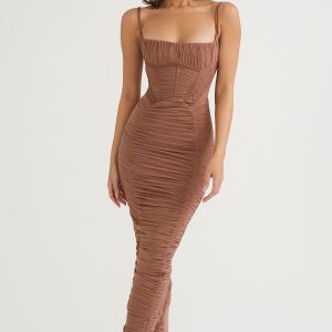 Vintage Square Neck Spaghetti Strap Ruched Bodycon Maxi Dress - Coffee