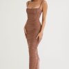 Vintage Square Neck Spaghetti Strap Ruched Bodycon Maxi Dress - Coffee