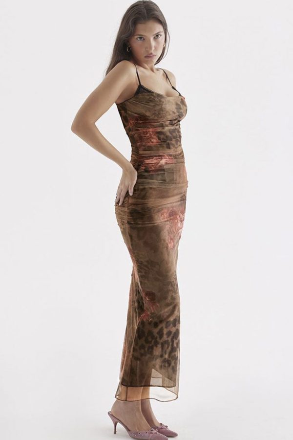 Vintage Sweetheart Ruched Trim Printed Mesh Slip Maxi Dress - Floral Vintage Sweetheart Ruched Trim Printed Mesh Slip Maxi Dress - Floral