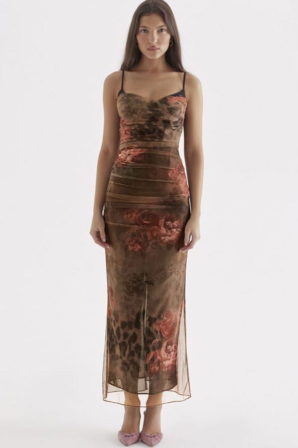 Vintage Sweetheart Ruched Trim Printed Mesh Slip Maxi Dress - Floral Vintage Sweetheart Ruched Trim Printed Mesh Slip Maxi Dress - Floral