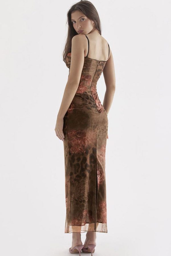 Vintage Sweetheart Ruched Trim Printed Mesh Slip Maxi Dress - Floral Vintage Sweetheart Ruched Trim Printed Mesh Slip Maxi Dress - Floral