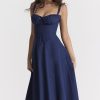 Vintage Tie Front Lace Up Back Fit & Flare Split Midi Sundress - Navy blue