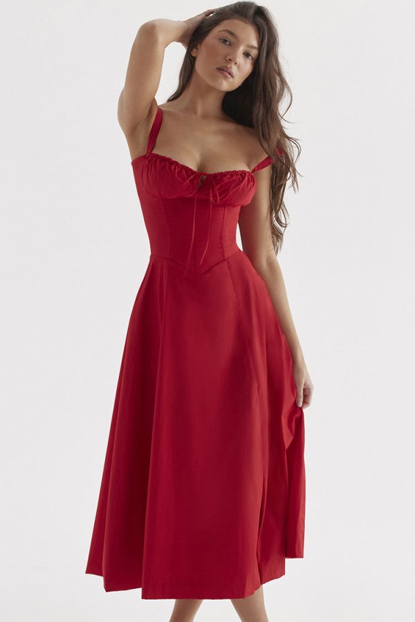 Vintage Tie Front Lace Up Back Fit & Flare Split Midi Sundress - Red Vintage Tie Front Lace Up Back Fit & Flare Split Midi Sundress - Red