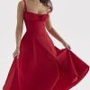 Vintage Tie Front Lace Up Back Fit & Flare Split Midi Sundress - Red Vintage Tie Front Lace Up Back Fit & Flare Split Midi Sundress - Red