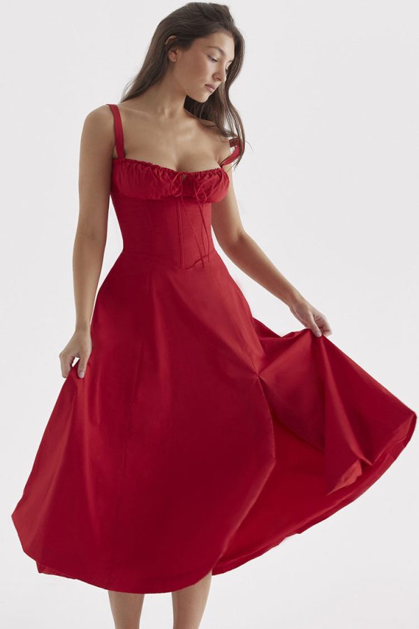 Vintage Tie Front Lace Up Back Fit & Flare Split Midi Sundress - Red Vintage Tie Front Lace Up Back Fit & Flare Split Midi Sundress - Red