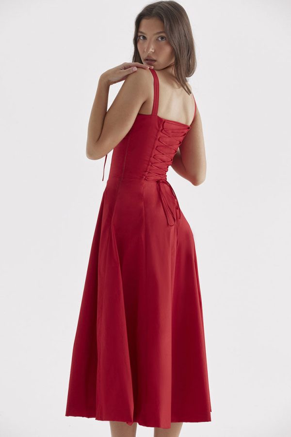 Vintage Tie Front Lace Up Back Fit & Flare Split Midi Sundress - Red Vintage Tie Front Lace Up Back Fit & Flare Split Midi Sundress - Red