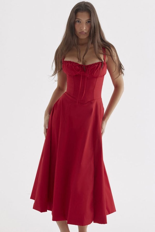 Vintage Tie Front Lace Up Back Fit & Flare Split Midi Sundress - Red Vintage Tie Front Lace Up Back Fit & Flare Split Midi Sundress - Red