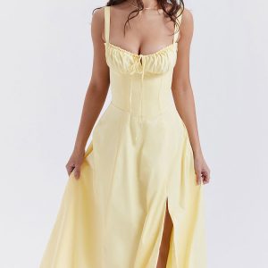 Vintage Tie Front Lace Up Back Fit & Flare Split Midi Sundress - Yellow