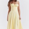 Vintage Tie Front Lace Up Back Fit & Flare Split Midi Sundress - Yellow