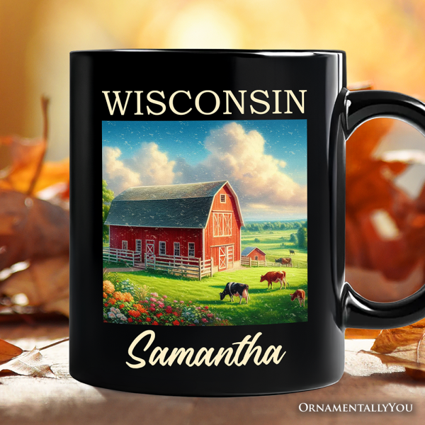 Vintage Wisconsin Farm Landscape Personalized Mug, Midwest Red Barn Gift and Countryside Souvenir with Custom Name Vintage Wisconsin Farm Landscape Personalized Mug, Midwest Red Barn Gift and Countryside Souvenir with Custom Name