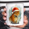 Watercolor Jaguar in Santa Hat Christmas Personalized Mug, Exotic Wildlife Holiday Gift with Custom Name Watercolor Jaguar in Santa Hat Christmas Personalized Mug, Exotic Wildlife Holiday Gift with Custom Name