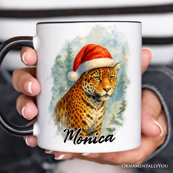 Watercolor Jaguar in Santa Hat Christmas Personalized Mug, Exotic Wildlife Holiday Gift with Custom Name Watercolor Jaguar in Santa Hat Christmas Personalized Mug, Exotic Wildlife Holiday Gift with Custom Name