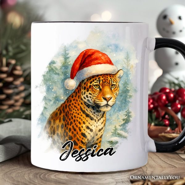 Watercolor Jaguar in Santa Hat Christmas Personalized Mug, Exotic Wildlife Holiday Gift with Custom Name Watercolor Jaguar in Santa Hat Christmas Personalized Mug, Exotic Wildlife Holiday Gift with Custom Name