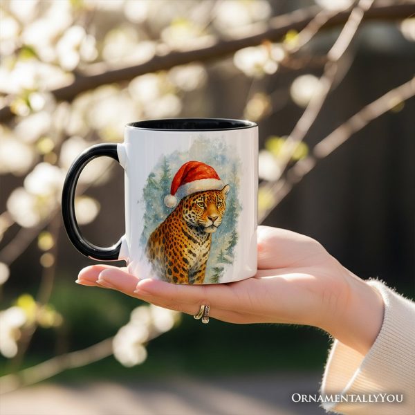 Watercolor Jaguar in Santa Hat Christmas Personalized Mug, Exotic Wildlife Holiday Gift with Custom Name Watercolor Jaguar in Santa Hat Christmas Personalized Mug, Exotic Wildlife Holiday Gift with Custom Name