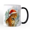 Watercolor Jaguar in Santa Hat Christmas Personalized Mug, Exotic Wildlife Holiday Gift with Custom Name Watercolor Jaguar in Santa Hat Christmas Personalized Mug, Exotic Wildlife Holiday Gift with Custom Name