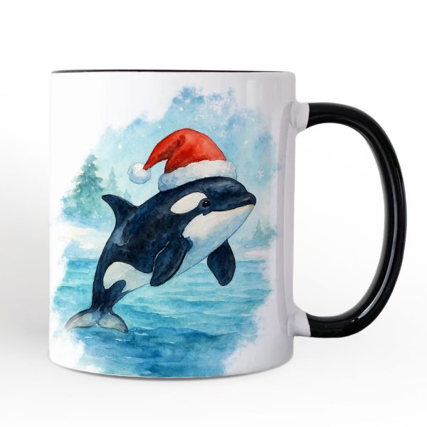 Watercolor Orca in Santa Hat Christmas Personalized Mug, Marine Animal Holiday Gift with Custom Name Watercolor Orca in Santa Hat Christmas Personalized Mug, Marine Animal Holiday Gift with Custom Name