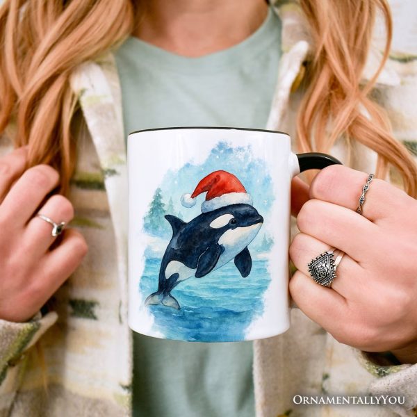 Watercolor Orca in Santa Hat Christmas Personalized Mug, Marine Animal Holiday Gift with Custom Name Watercolor Orca in Santa Hat Christmas Personalized Mug, Marine Animal Holiday Gift with Custom Name