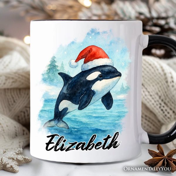 Watercolor Orca in Santa Hat Christmas Personalized Mug, Marine Animal Holiday Gift with Custom Name Watercolor Orca in Santa Hat Christmas Personalized Mug, Marine Animal Holiday Gift with Custom Name