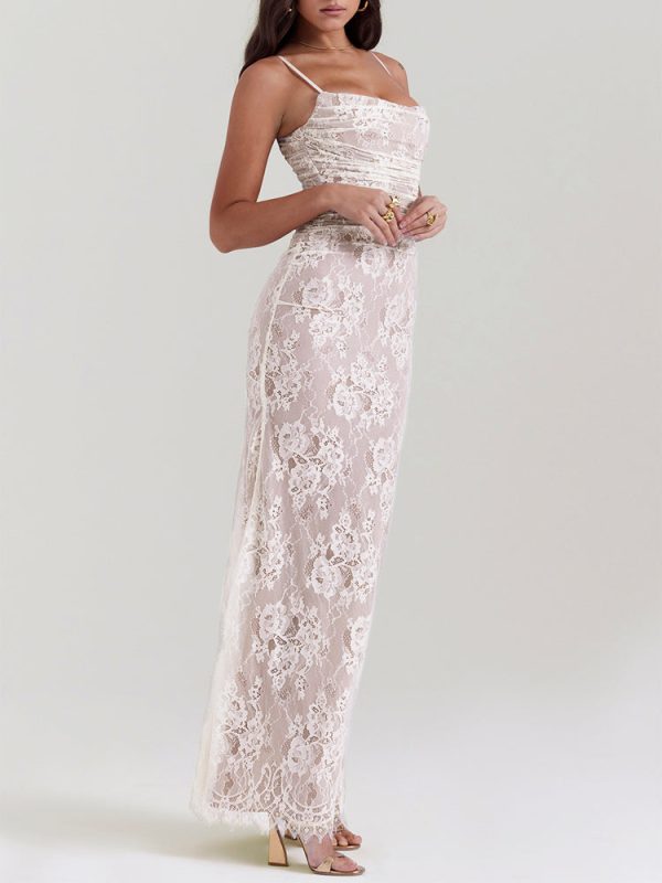 Wedding Vintage Cream Lace Maxi Dress With Gloves Wedding Vintage Cream Lace Maxi Dress With Gloves