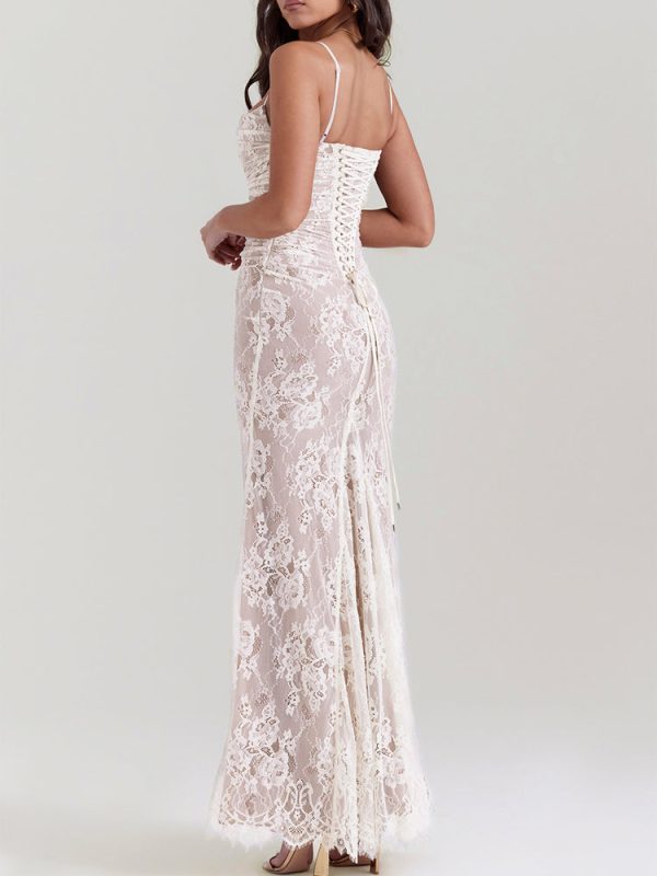 Wedding Vintage Cream Lace Maxi Dress With Gloves Wedding Vintage Cream Lace Maxi Dress With Gloves