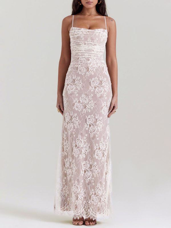 Wedding Vintage Cream Lace Maxi Dress With Gloves Wedding Vintage Cream Lace Maxi Dress With Gloves