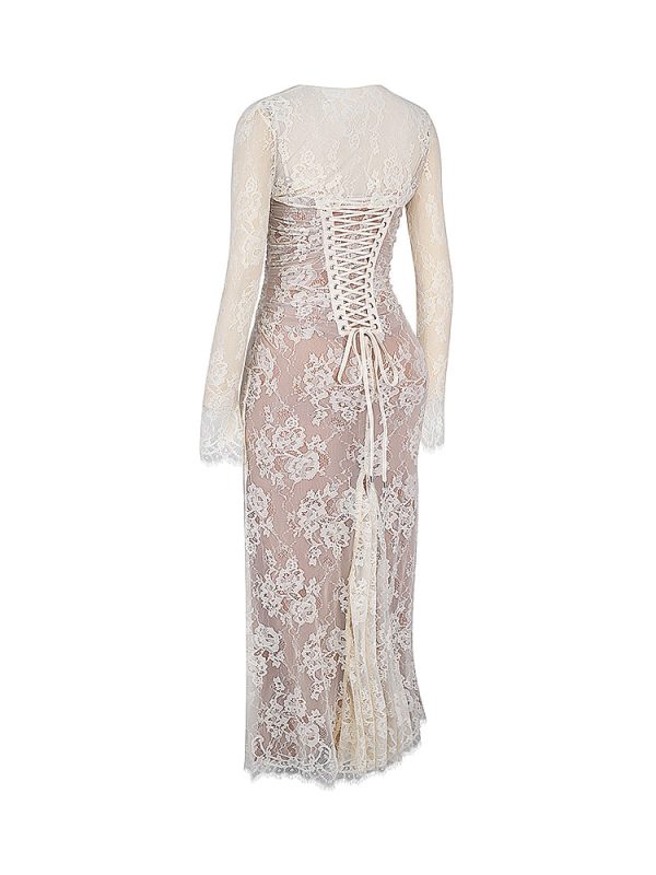Wedding Vintage Cream Lace Maxi Dress With Gloves Wedding Vintage Cream Lace Maxi Dress With Gloves