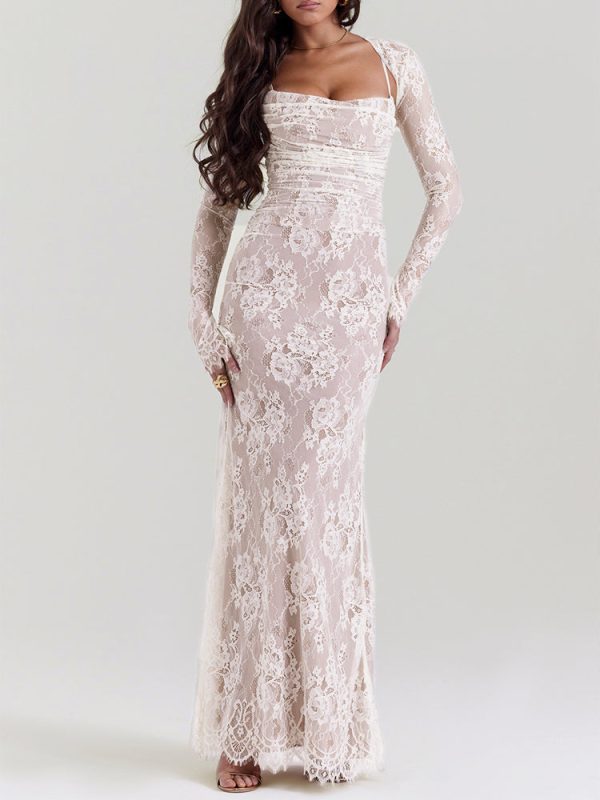 Wedding Vintage Cream Lace Maxi Dress With Gloves Wedding Vintage Cream Lace Maxi Dress With Gloves