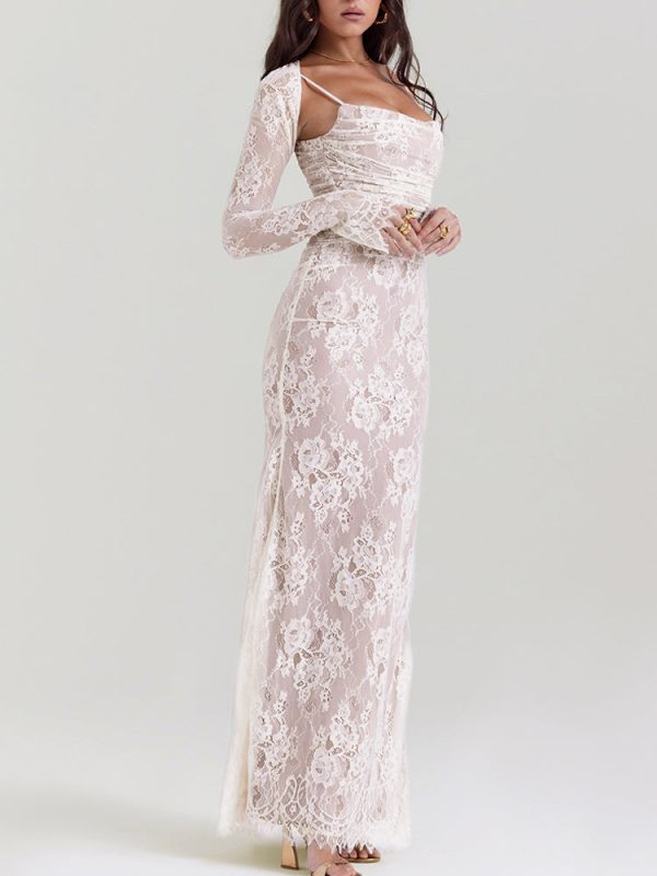 Wedding Vintage Cream Lace Maxi Dress With Gloves Wedding Vintage Cream Lace Maxi Dress With Gloves
