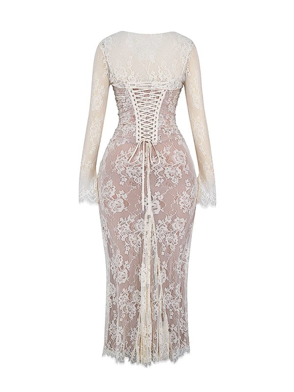 Wedding Vintage Cream Lace Maxi Dress With Gloves Wedding Vintage Cream Lace Maxi Dress With Gloves