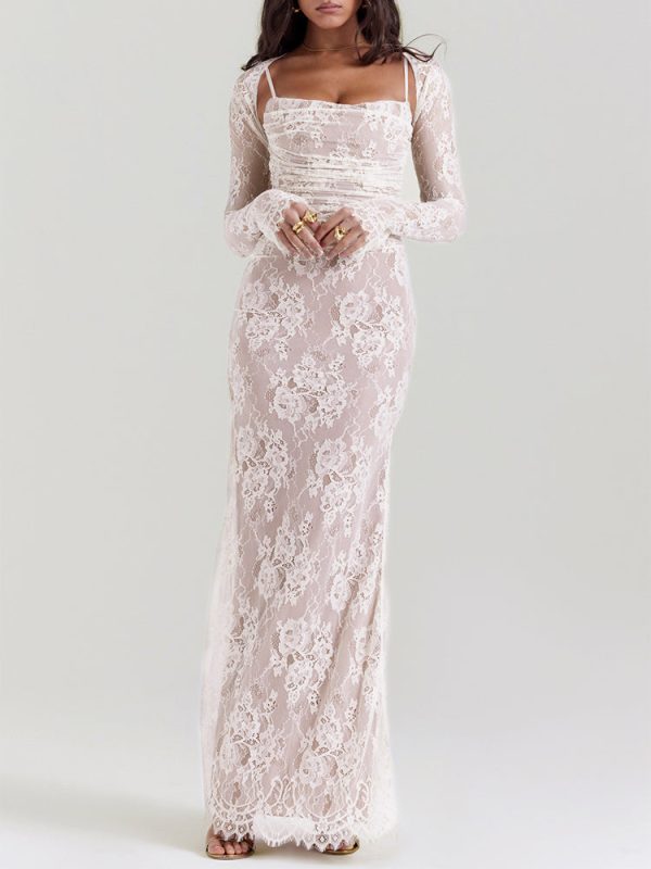 Wedding Vintage Cream Lace Maxi Dress With Gloves Wedding Vintage Cream Lace Maxi Dress With Gloves