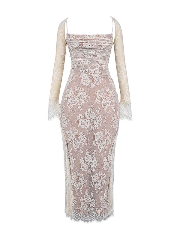 Wedding Vintage Cream Lace Maxi Dress With Gloves Wedding Vintage Cream Lace Maxi Dress With Gloves
