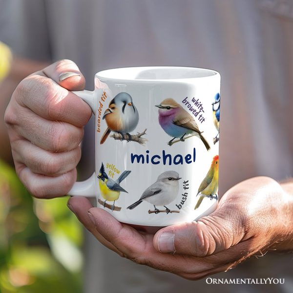 Whimsical Bird Tit Personalized Mug, Funny Birdwatcher Gift for Birder With Custom Name