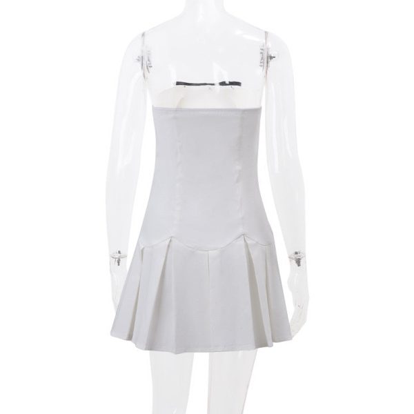 White Bow Design Pleated Mini Dress
