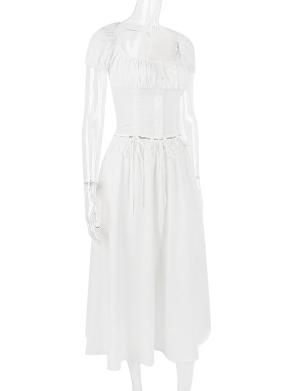 White Buttoned Drawstring Crop Top and Midi Skirt Two Piece Set