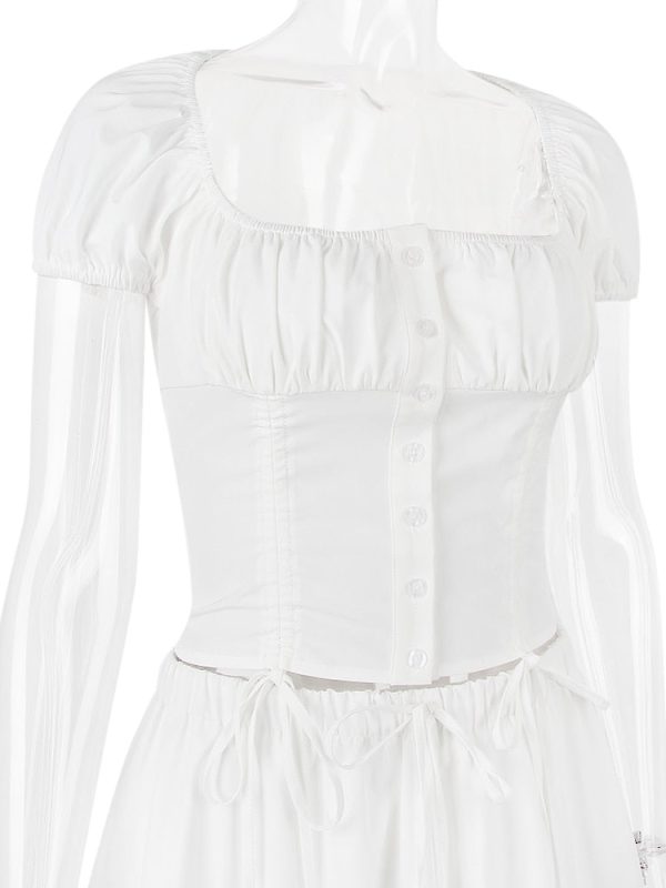 White Buttoned Drawstring Crop Top and Midi Skirt Two Piece Set