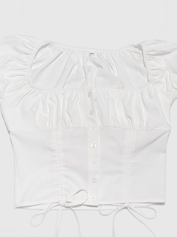 White Buttoned Drawstring Crop Top and Midi Skirt Two Piece Set