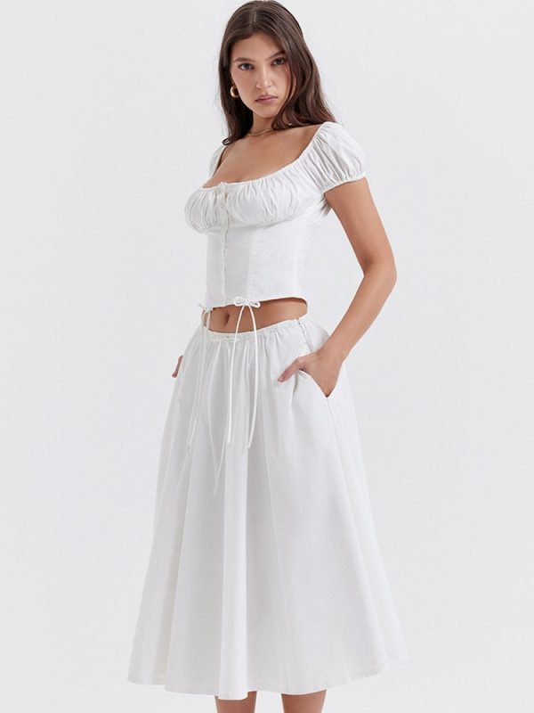 White Buttoned Drawstring Crop Top and Midi Skirt Two Piece Set