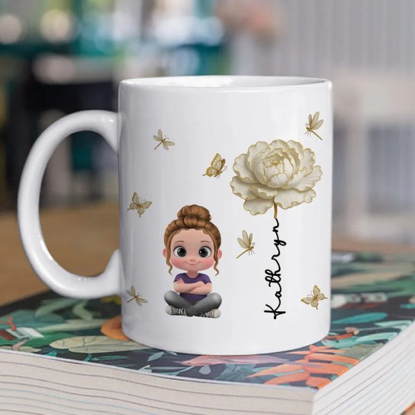 White Ceramic Mug, Custom Cute Girl Art with Butterflies & Rose, Minimal Style, Creative Gift for Grandma, Mom, or Friend White Ceramic Mug, Custom Cute Girl Art with Butterflies & Rose, Minimal Style, Creative Gift for Grandma, Mom, or Friend