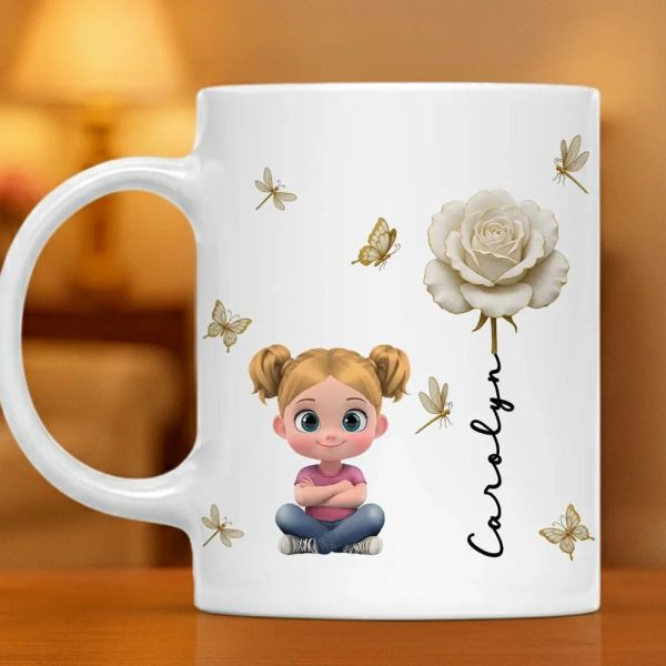 White Ceramic Mug, Custom Cute Girl Art with Butterflies & Rose, Minimal Style, Creative Gift for Grandma, Mom, or Friend White Ceramic Mug, Custom Cute Girl Art with Butterflies & Rose, Minimal Style, Creative Gift for Grandma, Mom, or Friend