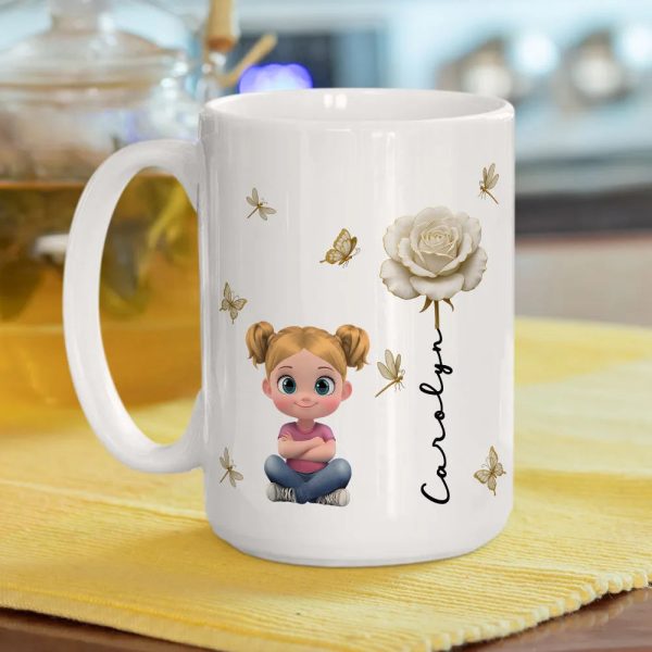 White Ceramic Mug, Custom Cute Girl Art with Butterflies & Rose, Minimal Style, Creative Gift for Grandma, Mom, or Friend White Ceramic Mug, Custom Cute Girl Art with Butterflies & Rose, Minimal Style, Creative Gift for Grandma, Mom, or Friend