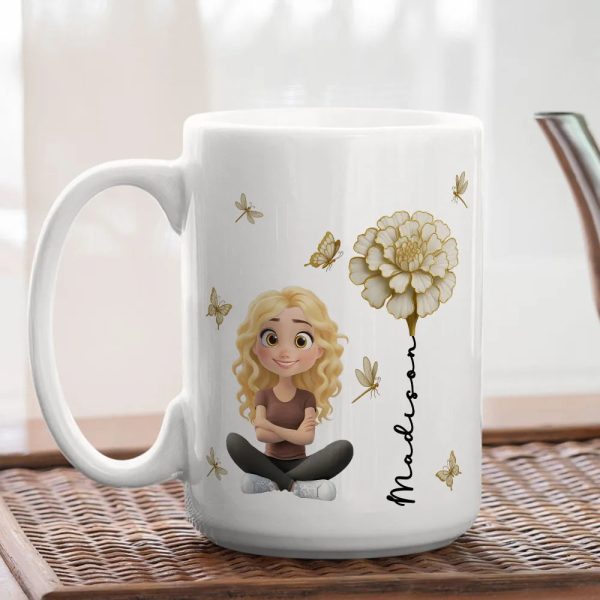 White Ceramic Mug, Custom Cute Girl Art with Butterflies & Rose, Minimal Style, Creative Gift for Grandma, Mom, or Friend White Ceramic Mug, Custom Cute Girl Art with Butterflies & Rose, Minimal Style, Creative Gift for Grandma, Mom, or Friend