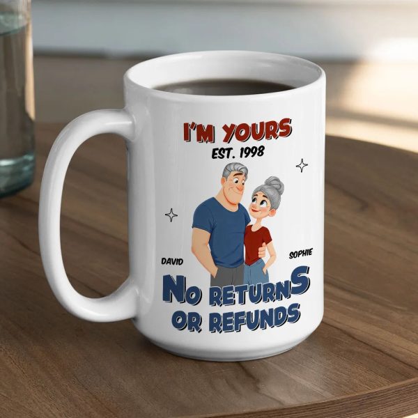 White Ceramic Mug Personalized with Cartoon Couple Hug, Playful No Returns or Refunds Design, Cute Gift for Couples